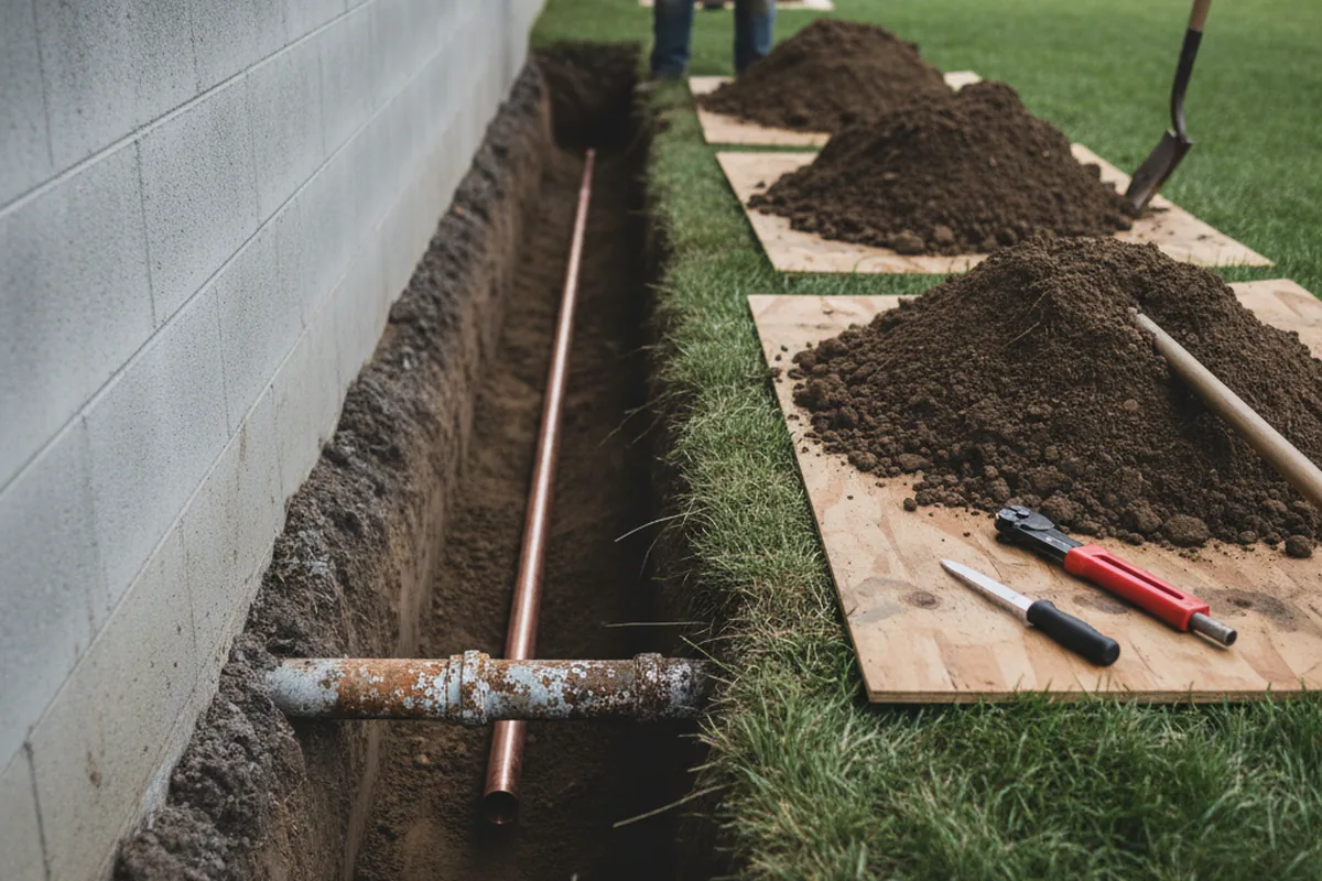Excavated water line trench during Water Heater Repair in Haskell